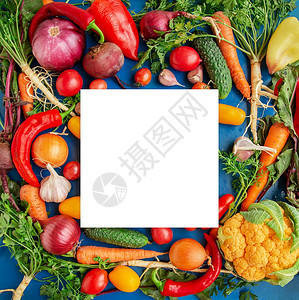 一种食物夏天蔬菜西红柿胡椒萝卜茄子黄瓜蔬菜蓝背景框架的洋葱文本复制空间蔬菜蓝背景框架的生蔬菜和原组成蓝背景框架的青蔬菜图片
