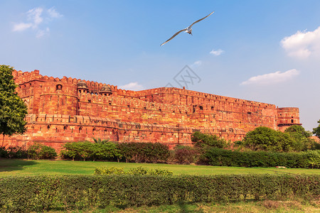 老的传统红阿格拉堡墙美丽的白日风景印度著名的图片