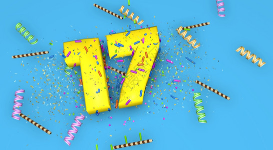 字体生日周年纪念或促销的第17号在蓝色背景上用厚的黄色字母装饰上面着糖果彩带巧克力吸管和五彩纸屑3D插图第号生日周年纪念或促销在图片