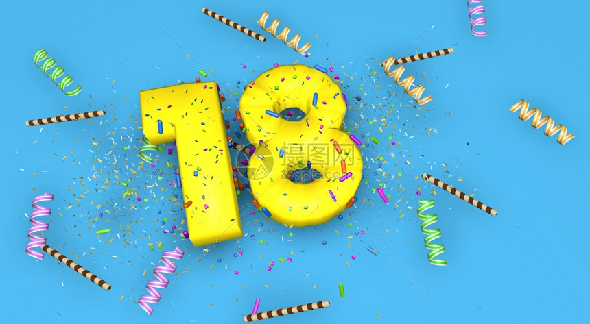 或者品红生日周年或促销第18号以厚黄色字母写在蓝背景上装有糖果流水器巧克力吸管和彩蛋从3D以上降下来生日周年纪念或宣传的第18号图片