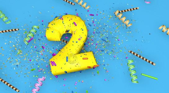 生日周年或促销的第2号以厚黄色字母写在蓝背景上装有糖果流水器巧克力吸管和彩蛋从3D以上降下来第2号说明生日周年纪念或促销第2号用图片