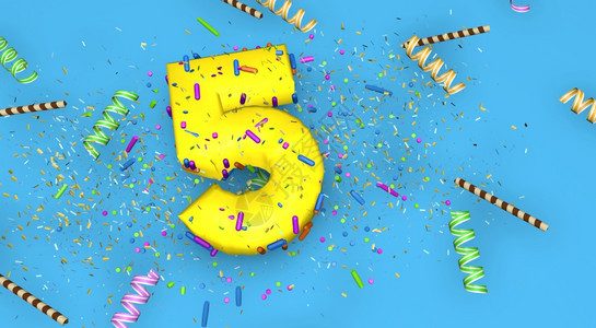 字体号代表生日周年纪念或促销在蓝色背景上用厚的黄色字母装饰上面着糖果彩带巧克力吸管和五彩纸屑3D插图第5号代表生日周年纪念或促销图片