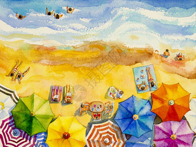 夏季情人家庭度假和旅游的色彩多伞海浪蓝色背景涂漆印刷品抽象图像解等顶端观景由爱人家庭度假和旅游者组成多彩雨伞油漆印刷品抽象图像解图片