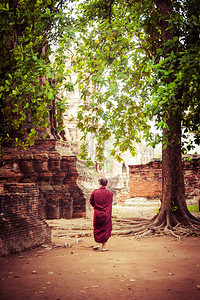 寺庙和尚泰国Ayutthaya旅游地貌和目的Vantage风格形象在WatMahaghAyutthaya古老废墟上的佛教和尚热带古老的禅背景