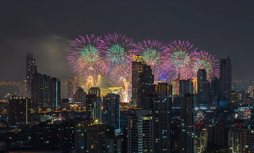 庆祝假期新年节烟花泰国曼谷市火花在圣诞节新年上天亮空放文字间校对PortnoyFireworkshorks金的图片