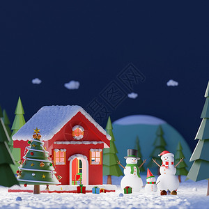 假期展示圣诞快乐和新年雪人露天风景午夜在红房子外面玩雪在松树林里玩复制空间3D克劳斯图片