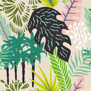 花的向量时尚热带树叶和棕榈的外来摘要构成海滩丛林漫画无缝模式的壁纸蜂蜜背景图片