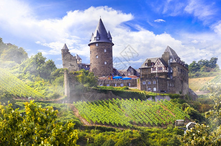 谷旅游的莱茵兰普法尔茨德国的莱茵河游轮旅和中世纪古景城堡在莱茵兰法尔茨广受欢迎的旅游目地和吸引客活动图片