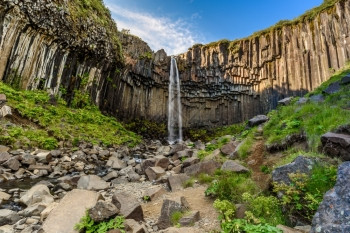 史克卡瀑布美丽的冰岛Svaltifofs或Skaftafell公园的黑瀑布或者欧洲背景
