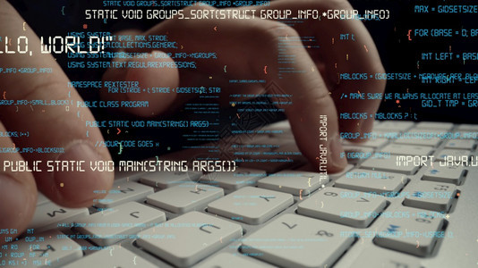 速度开发商黑客计算机编程码和软件开发的创意视觉由在计算机键盘上工作的人展示计算机图形覆盖显示抽象程序代码和计算机脚本编程码和软件图片