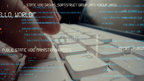计算机编程码和软件开发的创意视觉由在计算机键盘上工作的人展示计算机图形覆盖显示抽象程序代码和计算机脚本编程码和软件开发的创意视觉图片