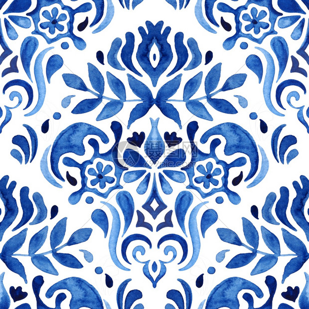 放荡不羁的蓝色葡萄牙语色达马斯克手画花卉设计无缝型式平板装饰品波斯抽象纤维布料背景蓝色和白阿祖莱霍染元素织物的简洁无缝装饰水彩色图片