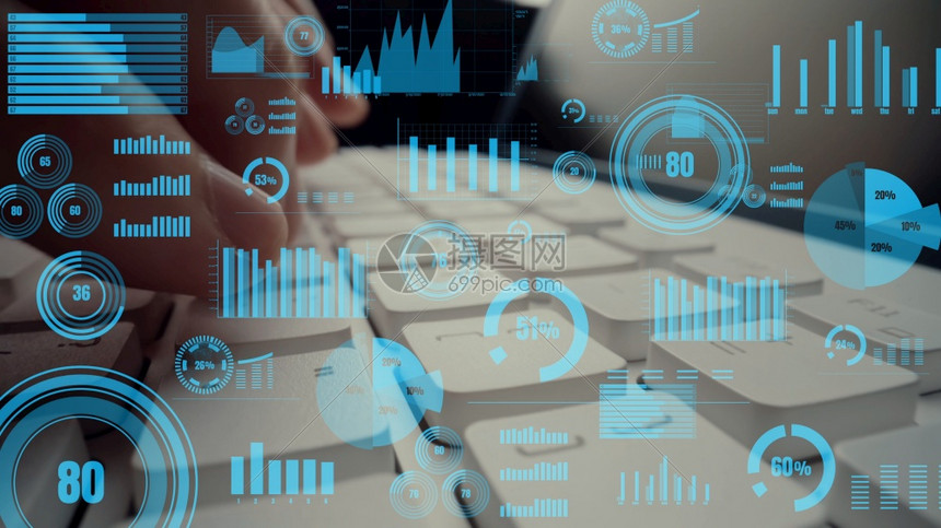 计算机上商业大数据和财务分析的创意视觉展示统计投资决策方法金融科技和工程的概念商业大数据和计算机财务分析的创意视觉报告安全信息图片