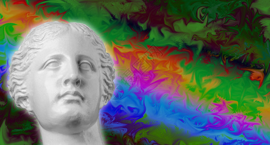 一种网络朋克Gypsum头型古董雕塑其背景是明亮多彩色的回流蒸汽波当代艺术拼图反向波风格海报概念Gypsum头型古董雕塑图片
