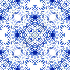 蓝和白手抽象绘制的蓝色和白手摘要绘制达马斯克瓷砖无缝装饰化水彩色漆图案葡萄牙陶瓷砖启发了蓝和白手简摘画灰色壁图案葡萄牙语经典的优图片