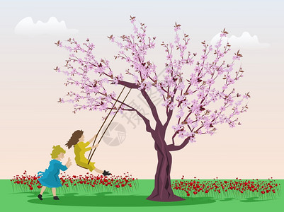 分支两个女孩在樱桃树下玩秋千背景有绿地和粉红色的天空有两个女孩坐在樱花树下云秋天图片