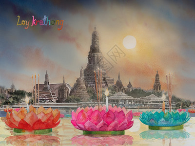 艺术华特阿龙寺庆典节WatArunTemplefriendinBangkokThailand水彩色绘画景观建筑和河的色彩多Han图片
