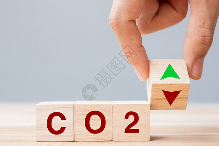 将木制方块向上下翻转在表格背景中以CO2二氧化碳文字将本放在表底替代能源和全球气候变化概念上增加行星可再生背景图片