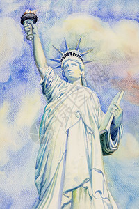 艺术的自由女神像纽约美国在天线上美丽的夏天和背景情感在紫蓝色的天空中画复制空间背景画复制空间背景形象的插图图片