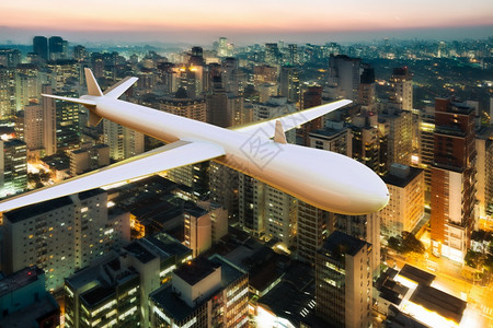 3D的无人机在大城市上监视着一架无人机城市景观超过入侵图片