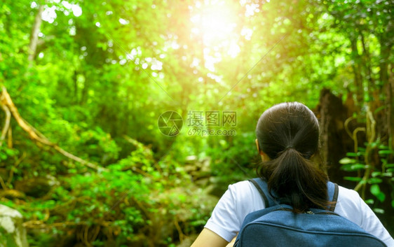 森林里旅游的背包客图片