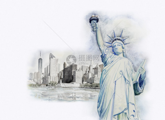 插图曼哈顿市纽约摩天大楼的女神自由建筑纽约市水彩画城风景在著名的世界地标商业城市手画图复制空间等著名城市中美丽季节图片
