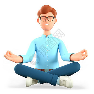 打坐3D说明在瑜伽月莲姿势下坐地上的冥想男子三维插图Cute漫画以闭着眼睛和明智引导保持冷静的商业概念来放松微笑的商人解决方案自图片