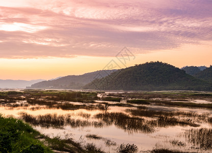 美丽的气候泰国东北部湄公河干涸的日落风景夏季泰国东北部干旱期间该河在中生长温室效应概念环境图片