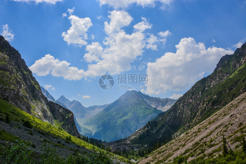 山上有着美丽的鲜青绿色山地牧场和森林的山岳远大夏日风景山上有美丽的新鲜绿色山地草原和森林户外活动概念与冒险田生卡拉科勒吉尔斯坦伊图片