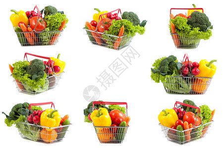 双方黄色的八种精美购物篮的八种拼凑装满完美蔬菜和水果购物板从八面除去时钟Chondwise萝卜图片