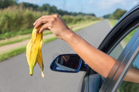 女手臂将水果废物扔出车窗汽女士图片