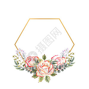 金色几何框架与一束白玫瑰叶子装饰树枝和浆果在白色隔离背景上用于徽标邀请函贺卡等的水彩插图金色几何框架与一束带叶子装饰树枝和浆果的图片