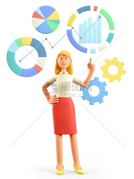 3D插图站立的漂亮金发美女用手指着商业图标表和人口在白色上被孤立的红裙子上笑着有魅力的女商人漫画指点企业家债券图片