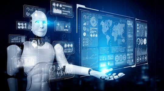 虚拟的人类AI人形机器手持虚拟全息屏幕显示大数据概念分析使用人工智能思维通过机器学习程3D插图AI人形机器手持虚拟全息屏图片