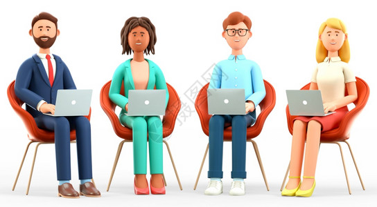 全球的使成为3D商业团队办公室工作3D插图快乐多元文化的人坐在椅子上并使用笔记本电脑的人手成功团队合作群体联系和全球通信概念坐着图片