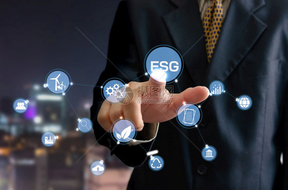 责任负的商业理念人触摸图标ESG词虚拟屏幕环境社会和治理投资组织成长功图片