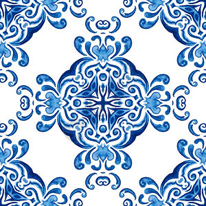 经典的蓝色和白手画壁纸背景和页面的填充蓝色和白标牌达马斯克瓷水彩色手画花岗板的蓝色和白阿祖莱霍图案蓝色和白Azulejo图案抽象图片