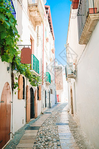 意大利美丽的村庄里狭窄街道有楼梯白房子和鲜花的色小街岛上狭窄的道有蓝色阳台楼梯和鲜花游客传统的建造图片