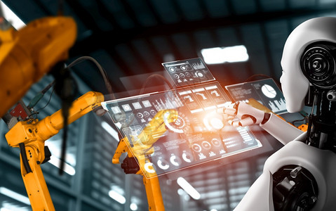 技术软件用于工厂生产装配的机械化工业器人和械臂工业革命和自动化制造过程的人工智能概念用于工厂生产装配的机械化工业器人和械臂创建图片