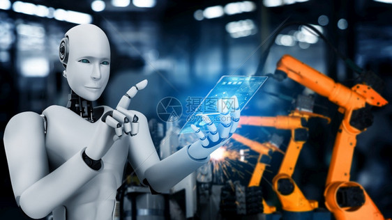 用于工厂生产装配的机械化工业器人和械臂工业革命和自动化制造过程的人工智能概念用于工厂生产装配的机械化工业器人和械臂未来网络创建图片