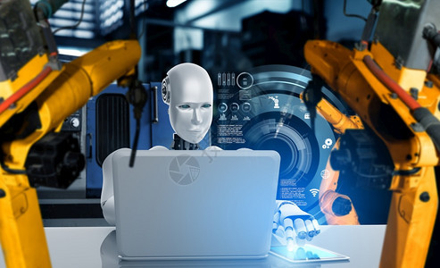 创建用于工厂生产装配的机械化工业器人和械臂工业革命和自动化制造过程的人工智能概念用于工厂生产装配的机械化工业器人和械臂为了数字的图片