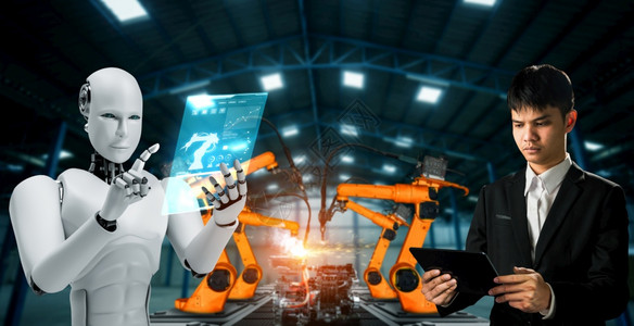 机械化工业器人与类工在未来厂中协同作业革命和自动化制造过程的人工智能概念机械化工业器人和类工在未来厂中协同作生产智力业的图片