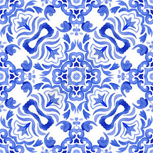抽象的白色奢华蓝和白手抽水摘要蓝色和白手画水彩瓷砖无缝装饰观物图案织陶瓷砖拉瓦和壁纸的手工拖动纹理优雅度图片