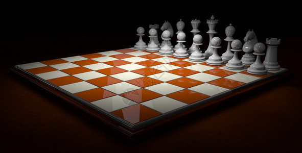 颜色正方形在黑背景上的深棕表面开始游戏之前带有亮棕色和白方块的棋盘上带有整齐的白色棋子3D插图带有亮棕色和白方块的棋盘在黑色背景图片