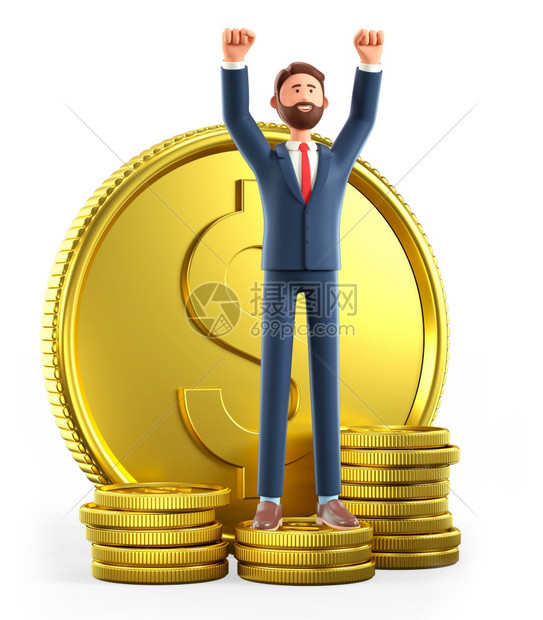 快乐的人站在一堆金币上举起双手在空中的3D插图成功的投资者或企业家财务咨询良好的投资和储蓄理念男人现金收入图片