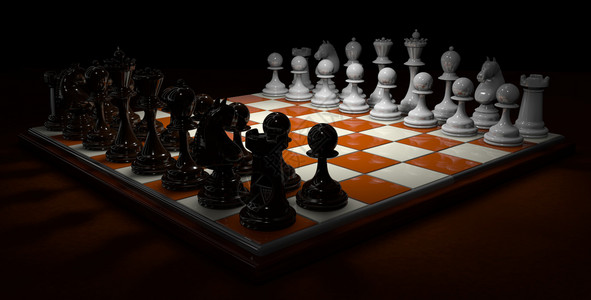 塔王智力棋盘上有亮棕色和白方块黑和白棋子在开始游戏之前黑色背景上的深棕表面排列3D插图棋盘上有亮棕色和白方块黑和白棋子在黑的深棕图片