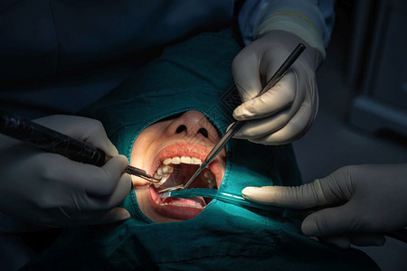 在牙科诊所进行检查和牙齿治疗的病人背景图片