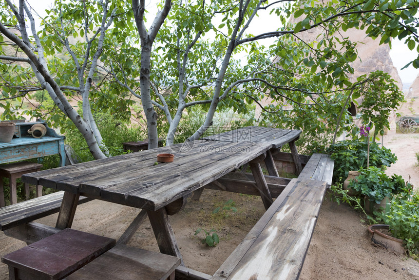 在杏仁树下花园的旧餐饮用过木板桌和长椅等待其所有者在树下花园的有风化木板桌和长凳在下面方便为了图片