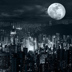 夜晚办公室戏剧香港天际的夜空中观光全天候满月之夜在飞云笼罩的天空下图片