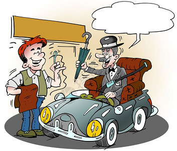 卡通插画一位年长的格伦特曼在车里得到了他最喜欢的扶手椅运输养老金领取者汽车图片